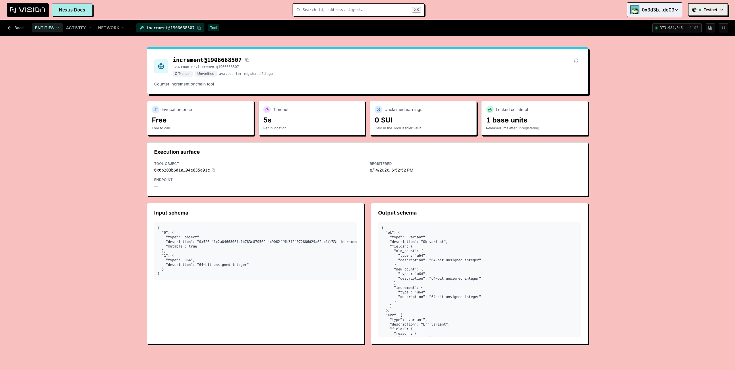 A tool page with price, timeout, collateral and port schemas